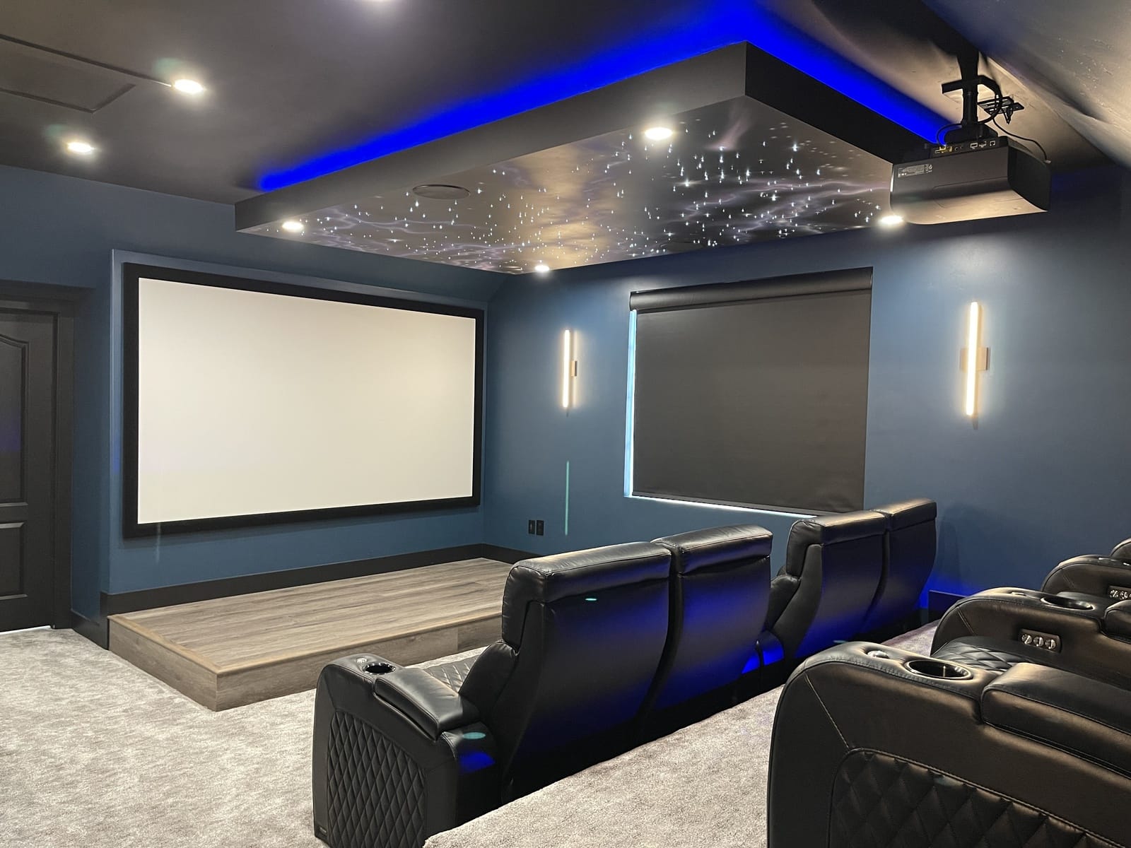 Dedicated home theater with tiered seating and custom lighting — Rocky Mtn Remodel Utah County